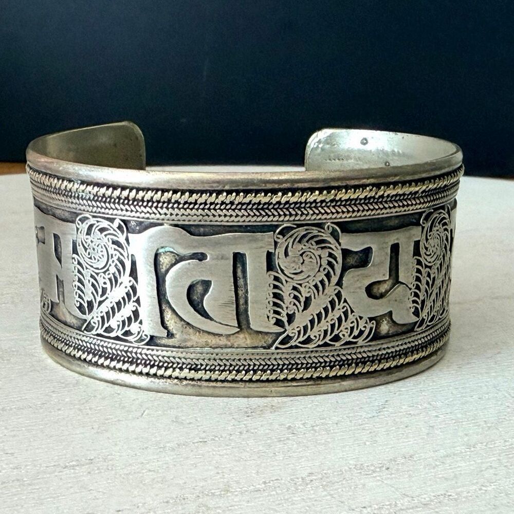 Vintage Tibetan Buddhist Om Mani Padme Hum Mantra Cuff Bracelet